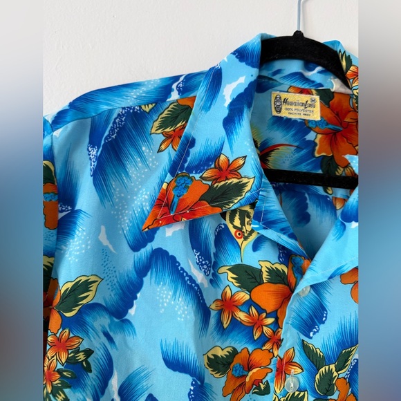 Vintage 70s Authentic Hawaiian Luau Shirt Mens M Hibiscus Floral Ocean Blue - Picture 2 of 15
